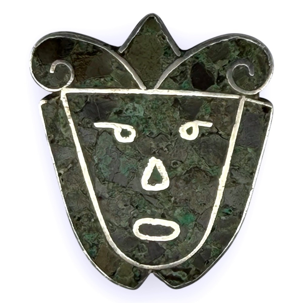 Vintage Mexico Brooch Sterling Silver 925 Green Stone Mosaic Face Mask Pin